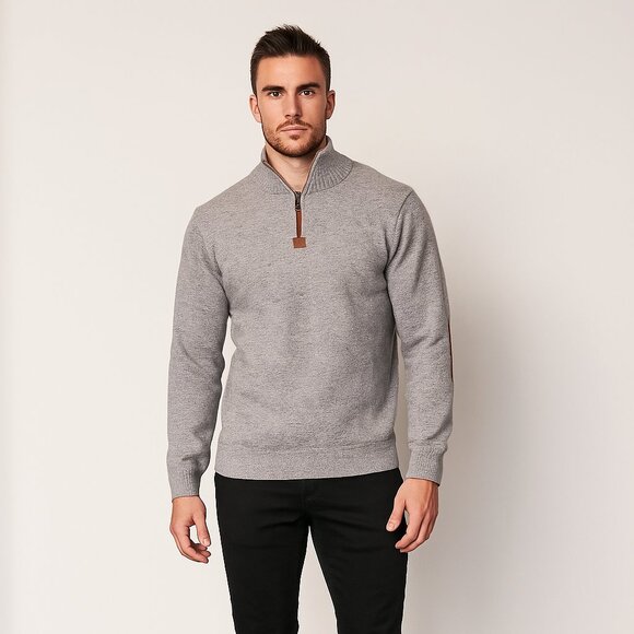 Akademiks Men L Gray Cowl Neck Pullover Sweater Brown Elbow Patch VTG Retro Y2K - Picture 1 of 8